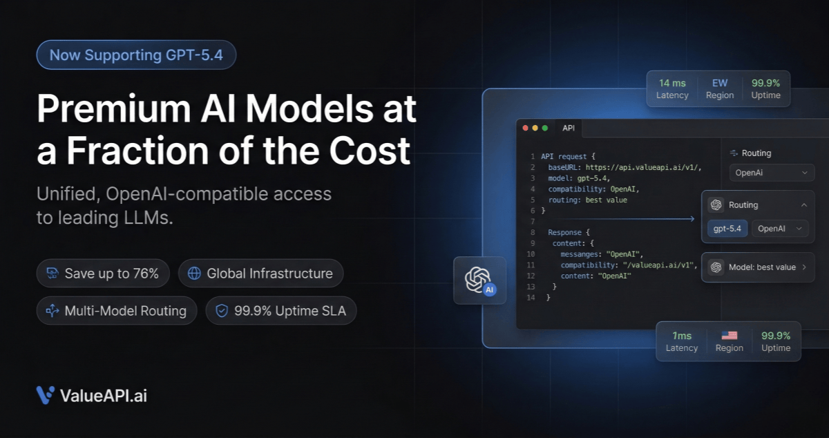 ValueAPI — Cheap AI API Gateway | 500+ LLM Models, Save Up to 76%